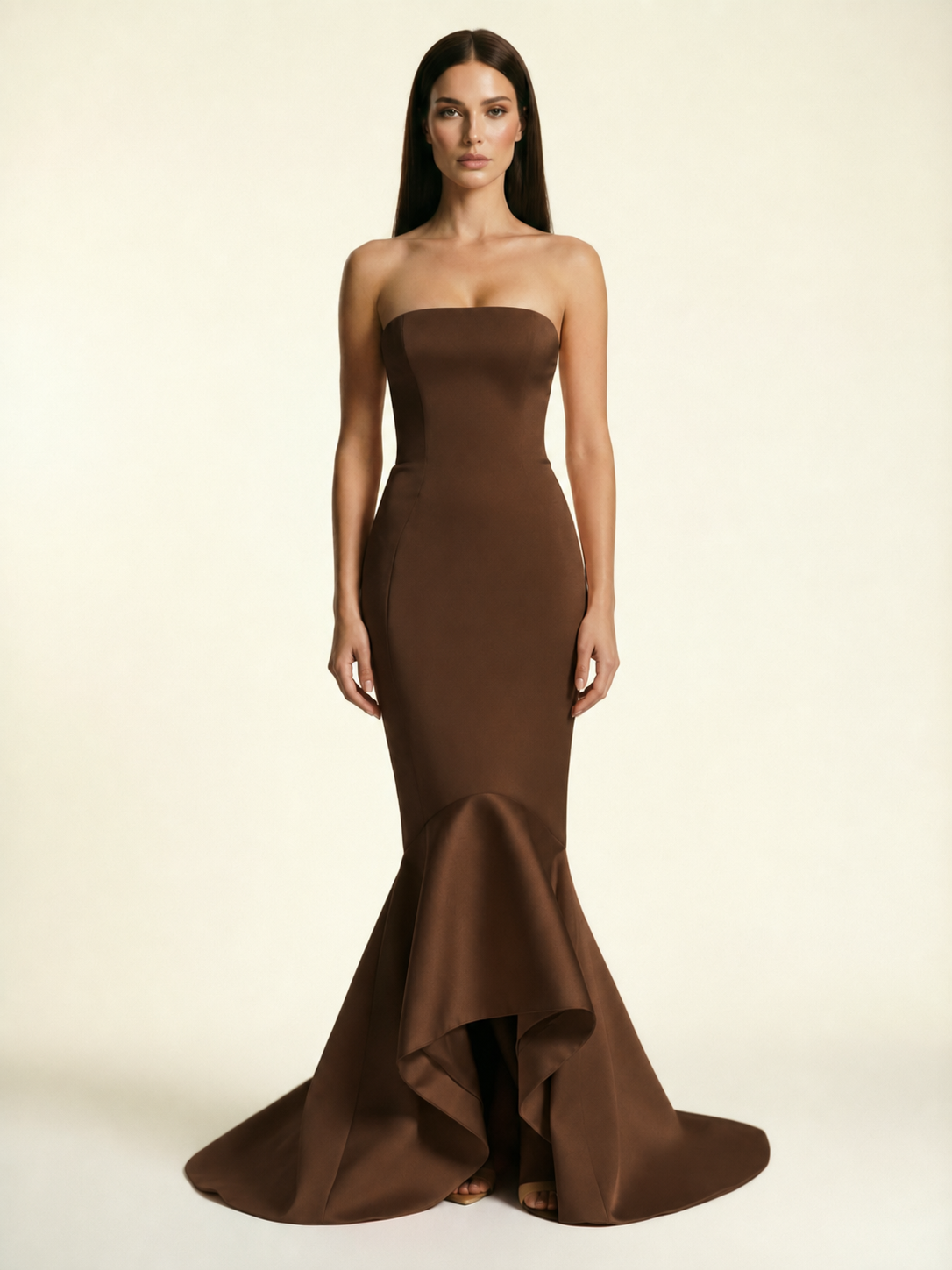 Strapless Satin Mermaid Dress With Ruffled Train & Lace-Up Back
