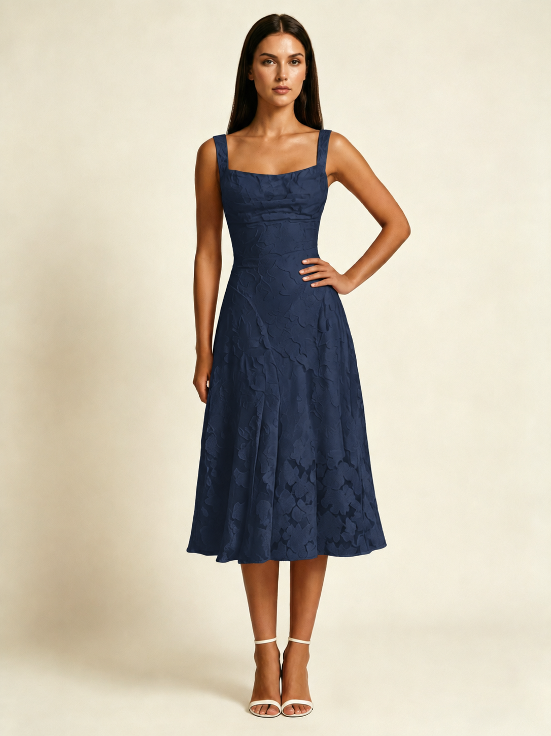 3D Floral Jacquard Square Neck Midi Dress