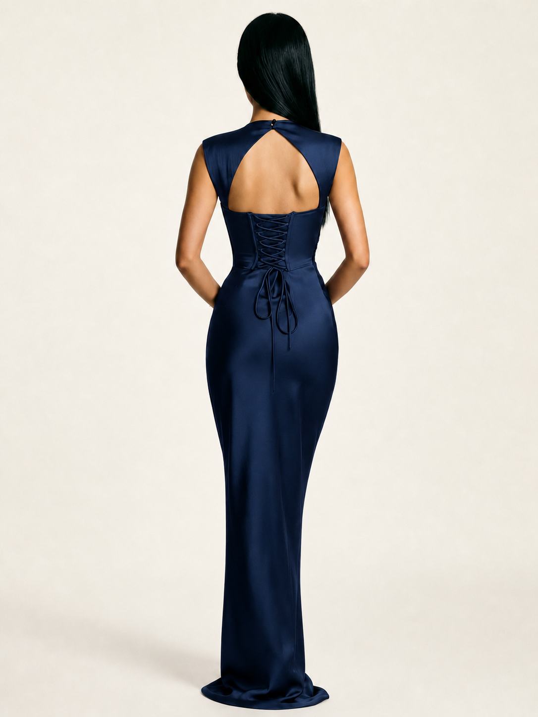 Sleeveless Draped Satin Mermaid Cutout Back Formal Dress