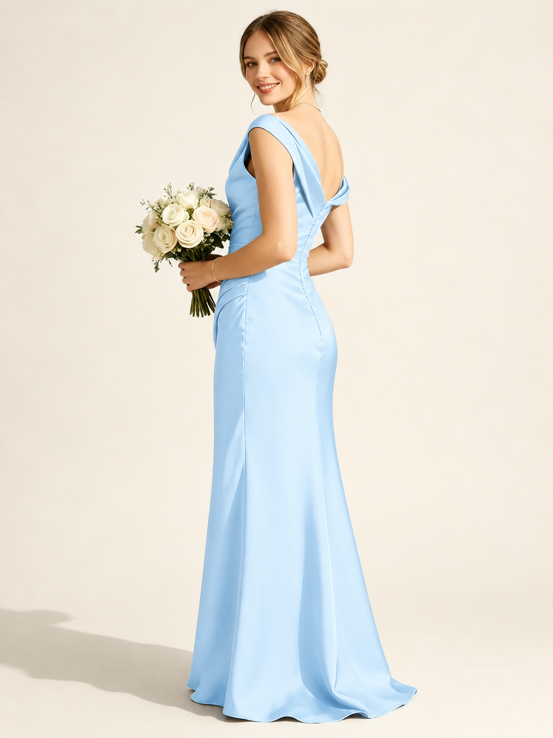 Satin Mermaid Bridesmaid Maxi Dress, Asymmetrical Off Shoulder Ruched Waist Open Back