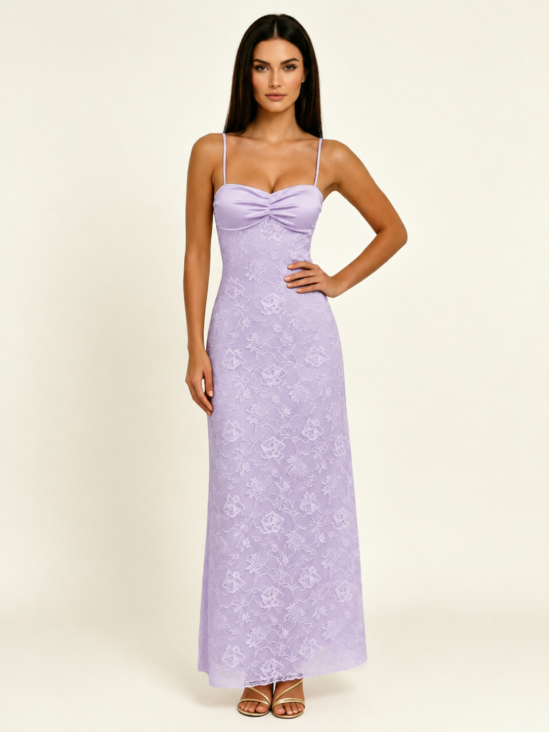 Satin Bust Lace Midi Maxi Dress, Spaghetti Strap Cross Lace Up Back Bridesmaid Dress