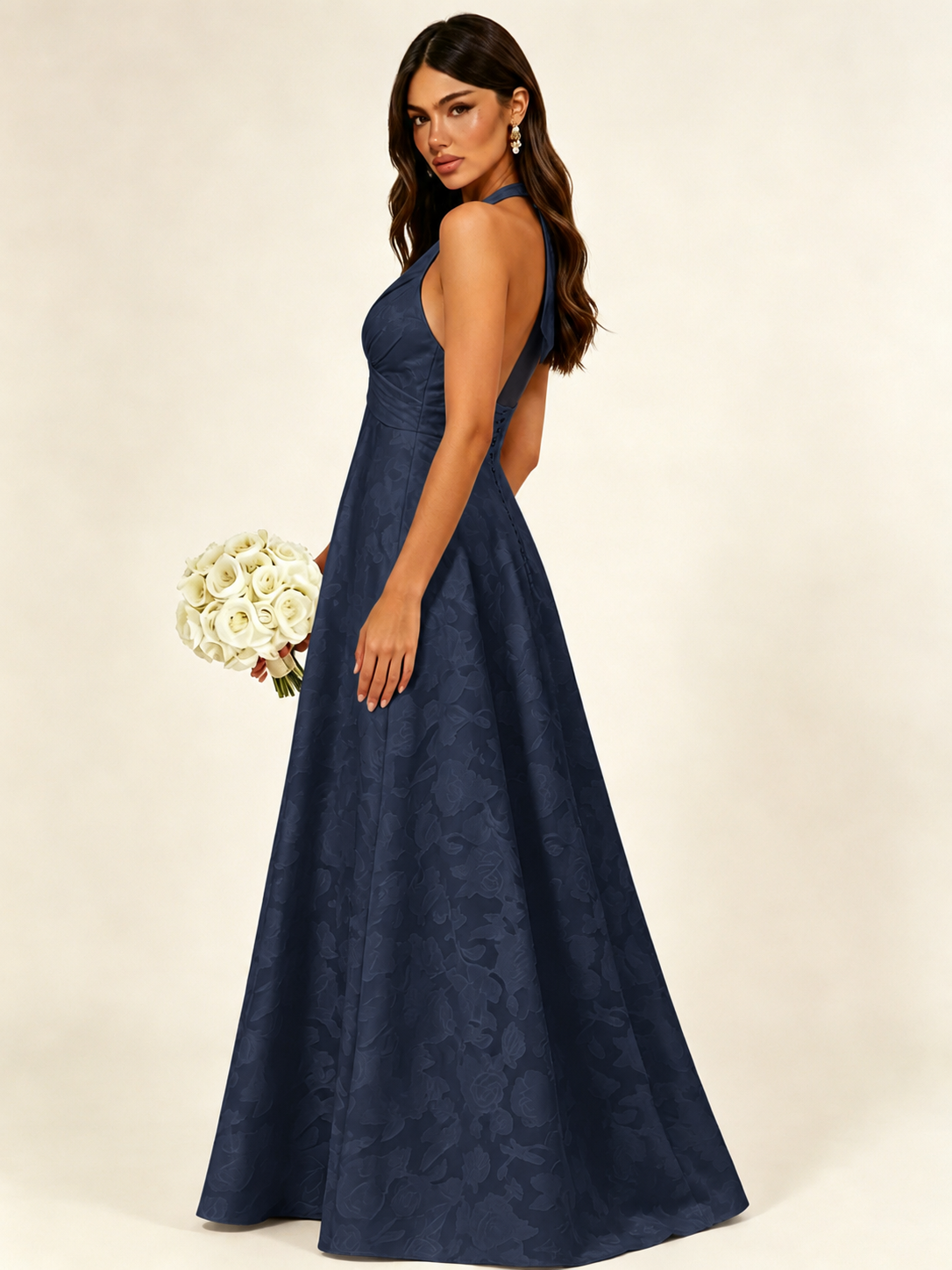 Floral Jacquard Halter Deep V A-Line Maxi Dress Backless Lace-Up Corset Bridesmaid Dress