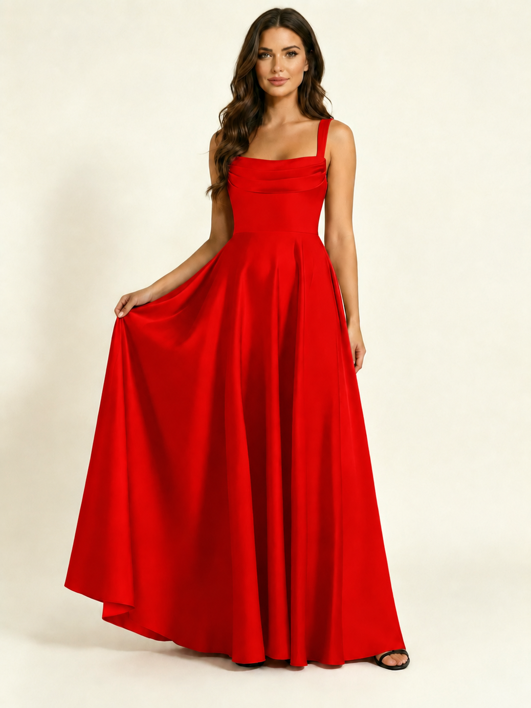 Satin Draped Cowl Square Neck A-Line Maxi Bridesmaid Dress