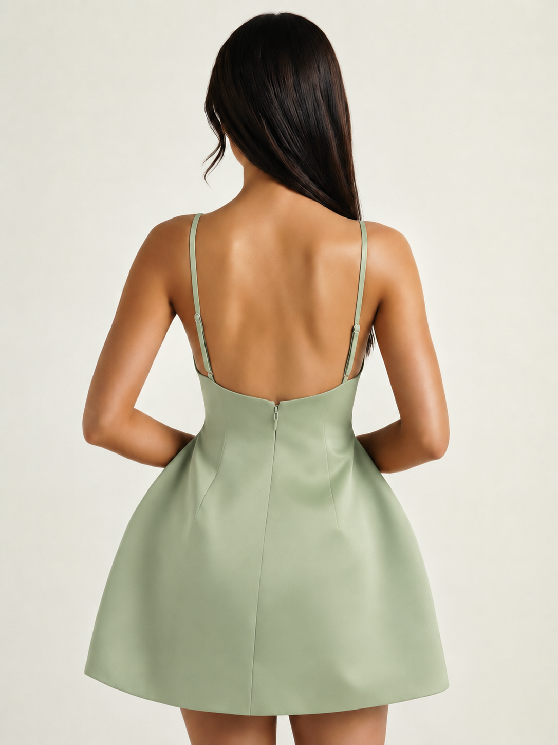 Satin Boat Neck Open Back Fit & Flare Mini Dress