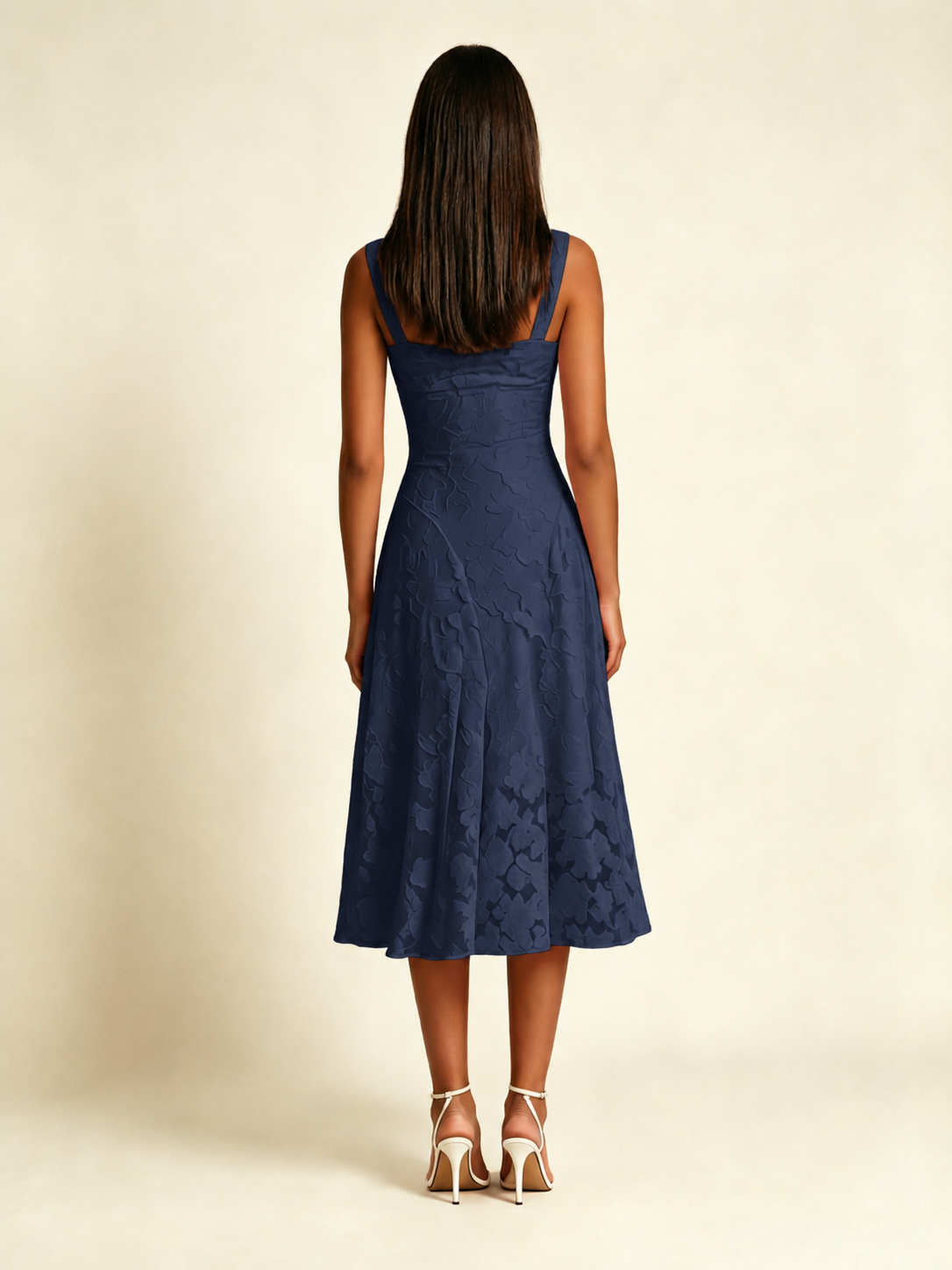 3D Floral Jacquard Square Neck Midi Dress