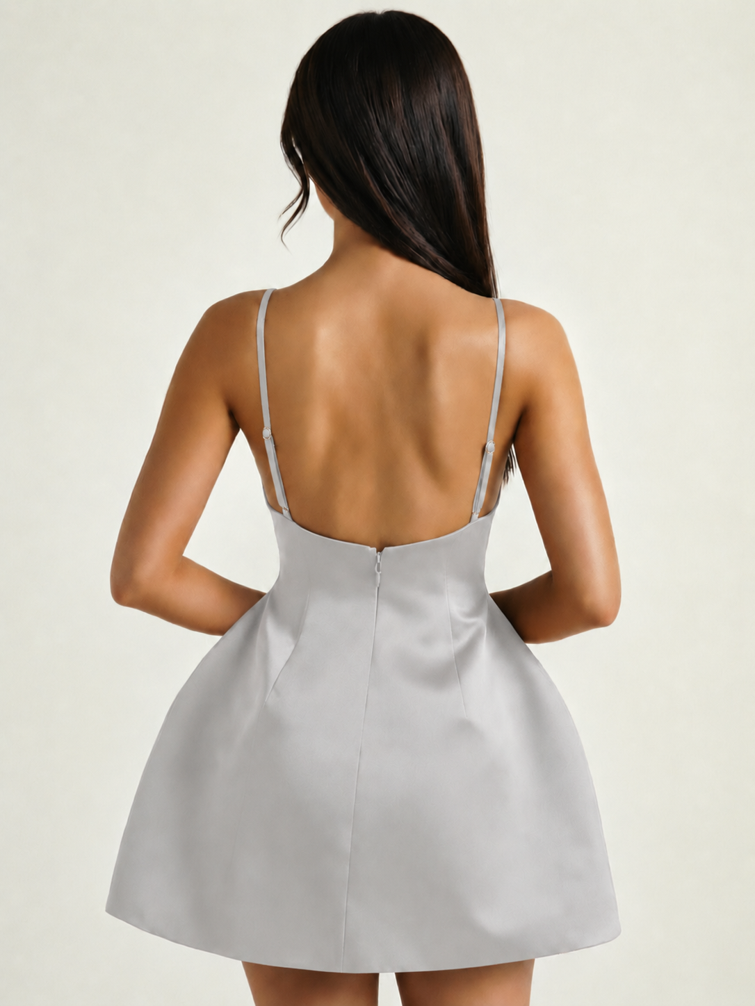 Satin Boat Neck Open Back Fit & Flare Mini Dress