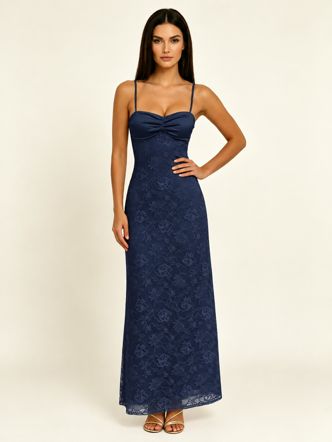 Satin Bust Lace Midi Maxi Dress, Spaghetti Strap Cross Lace Up Back Bridesmaid Dress