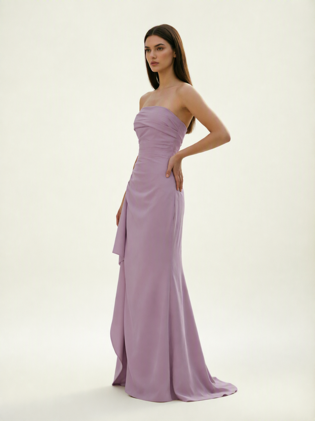Strapless Mermaid Formal Gown with Side Slit & Draped Detail