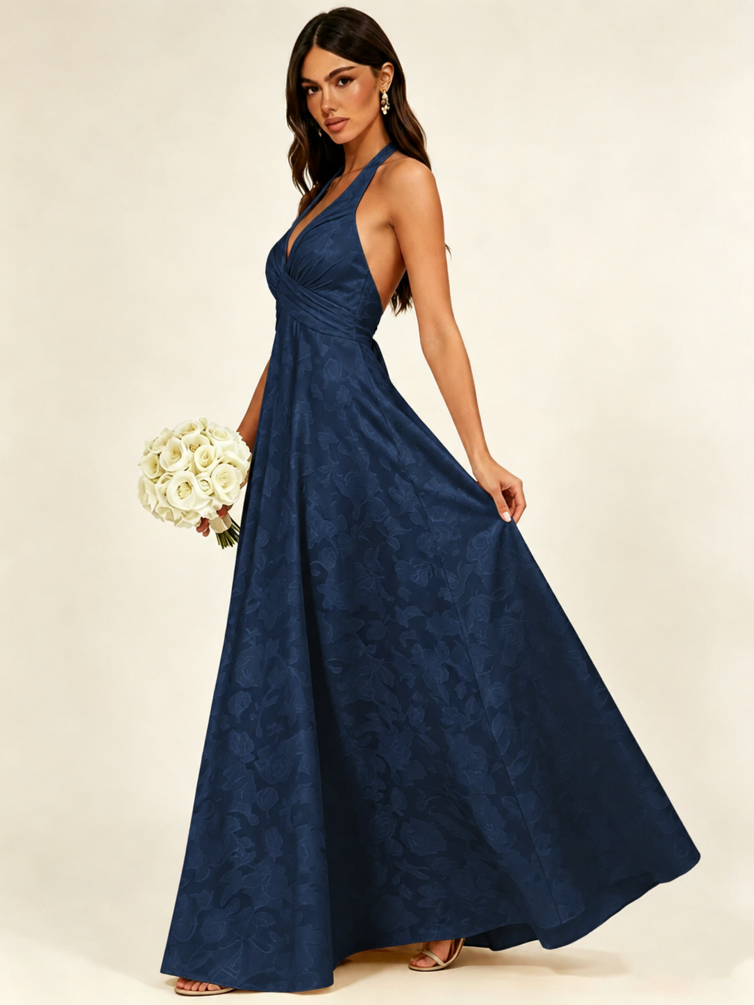 Floral Jacquard Halter Deep V A-Line Maxi Dress Backless Lace-Up Corset Bridesmaid Dress