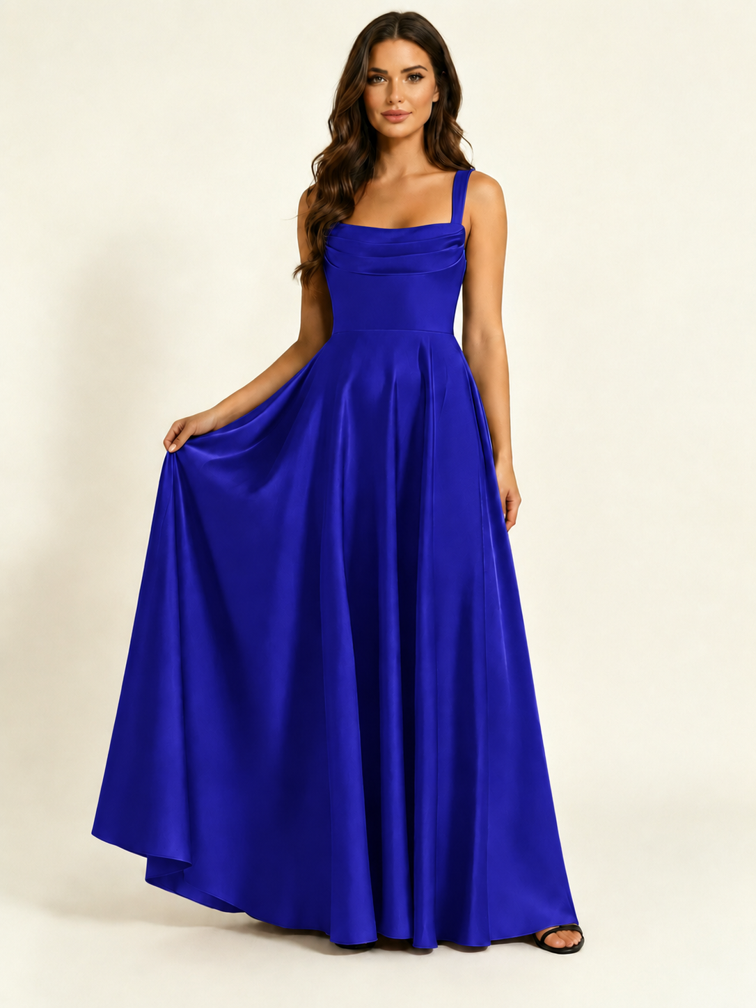 Satin Draped Cowl Square Neck A-Line Maxi Bridesmaid Dress
