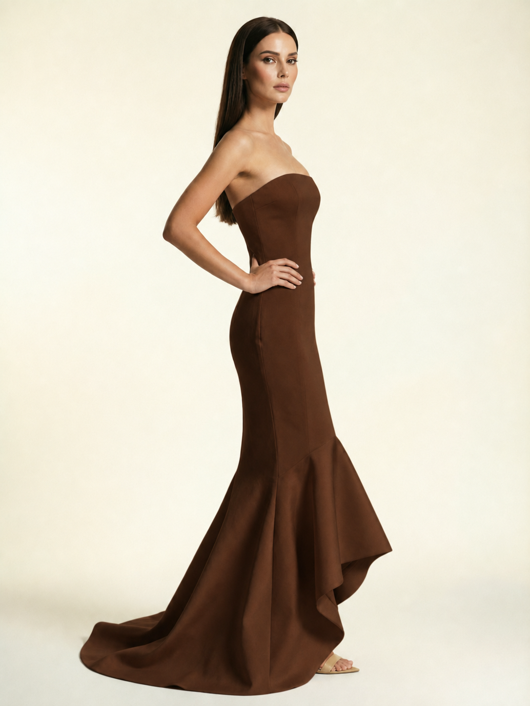 Strapless Satin Mermaid Dress With Ruffled Train & Lace-Up Back