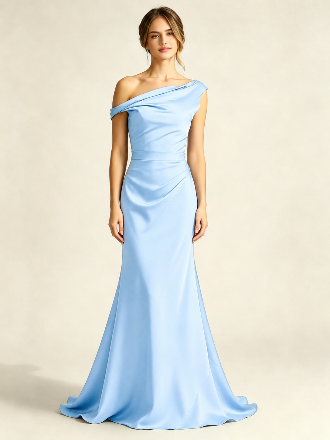Satin Mermaid Bridesmaid Maxi Dress, Asymmetrical Off Shoulder Ruched Waist Open Back