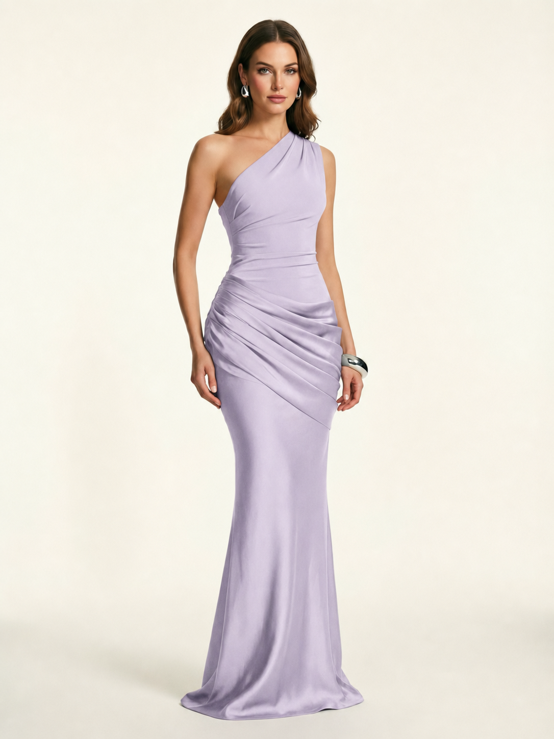 Single-shoulder satin floor-length evening dress