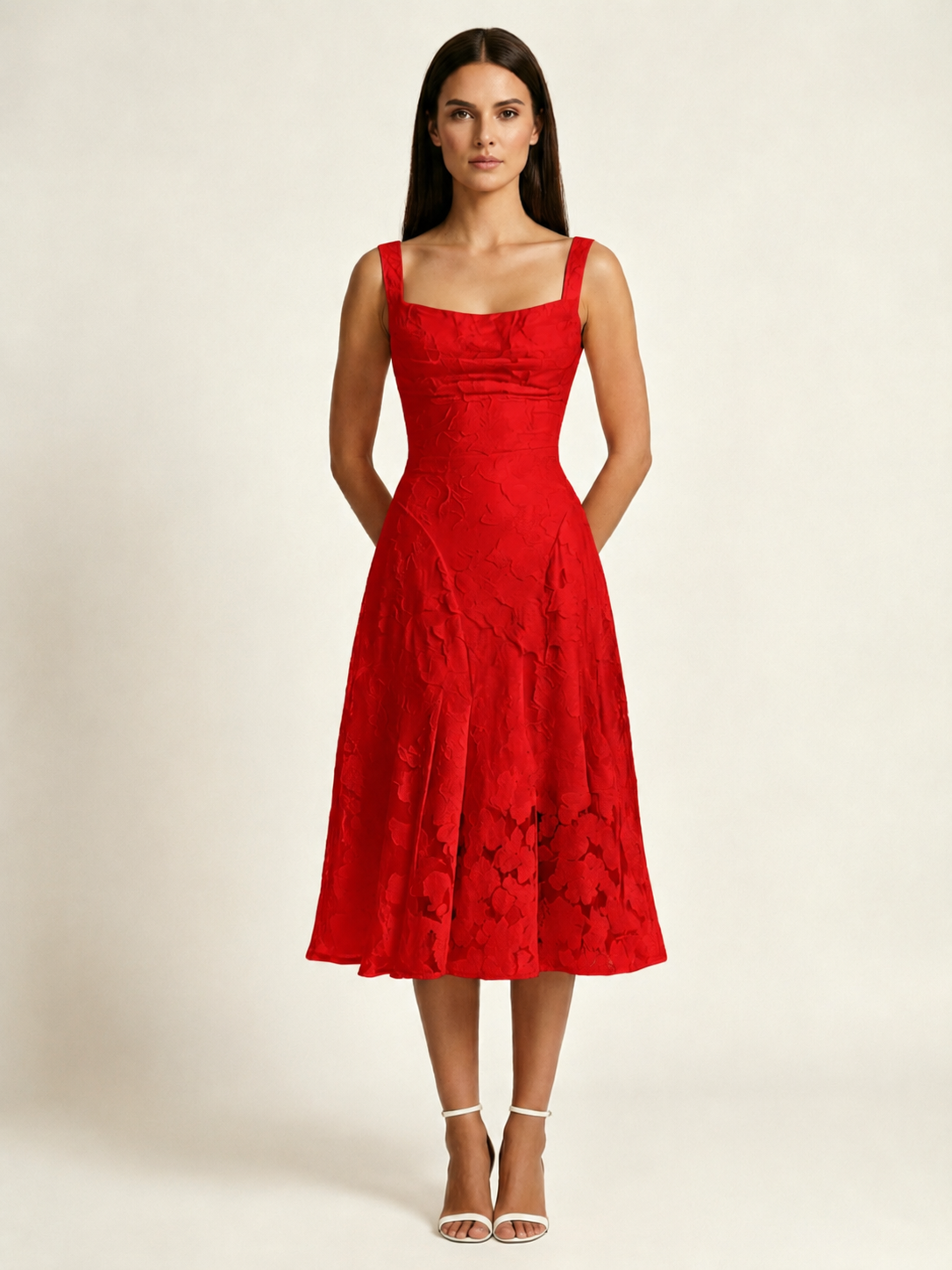 3D Floral Jacquard Square Neck Midi Dress