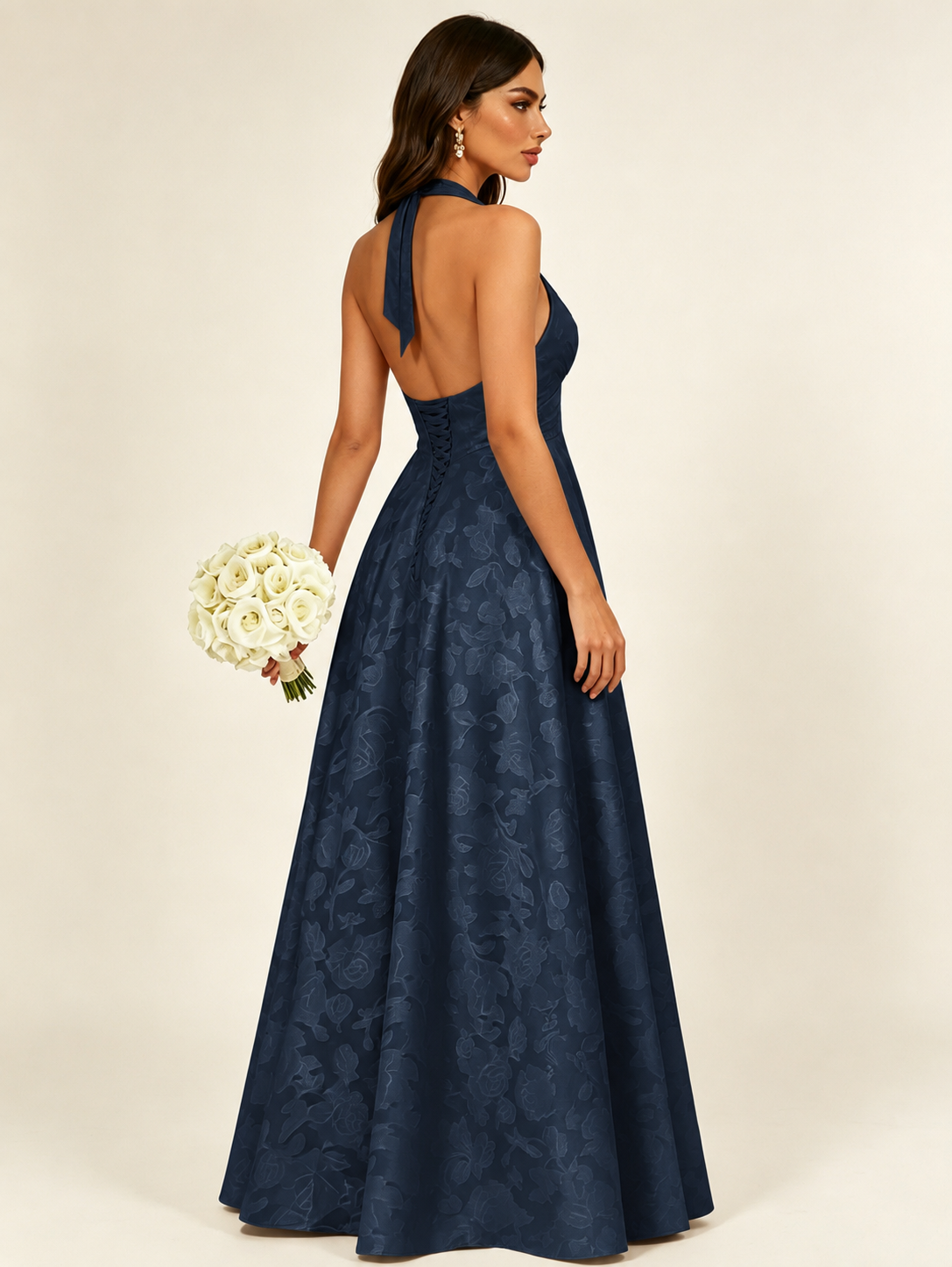 Floral Jacquard Halter Deep V A-Line Maxi Dress Backless Lace-Up Corset Bridesmaid Dress