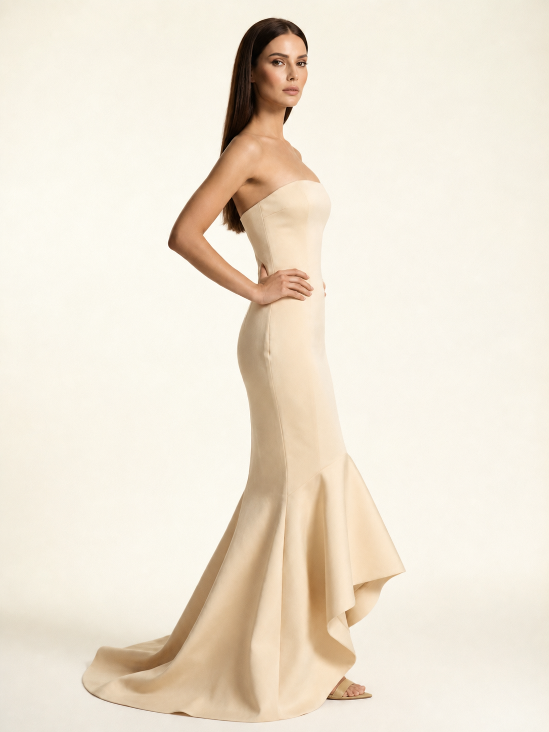 Strapless Satin Mermaid Dress With Ruffled Train & Lace-Up Back