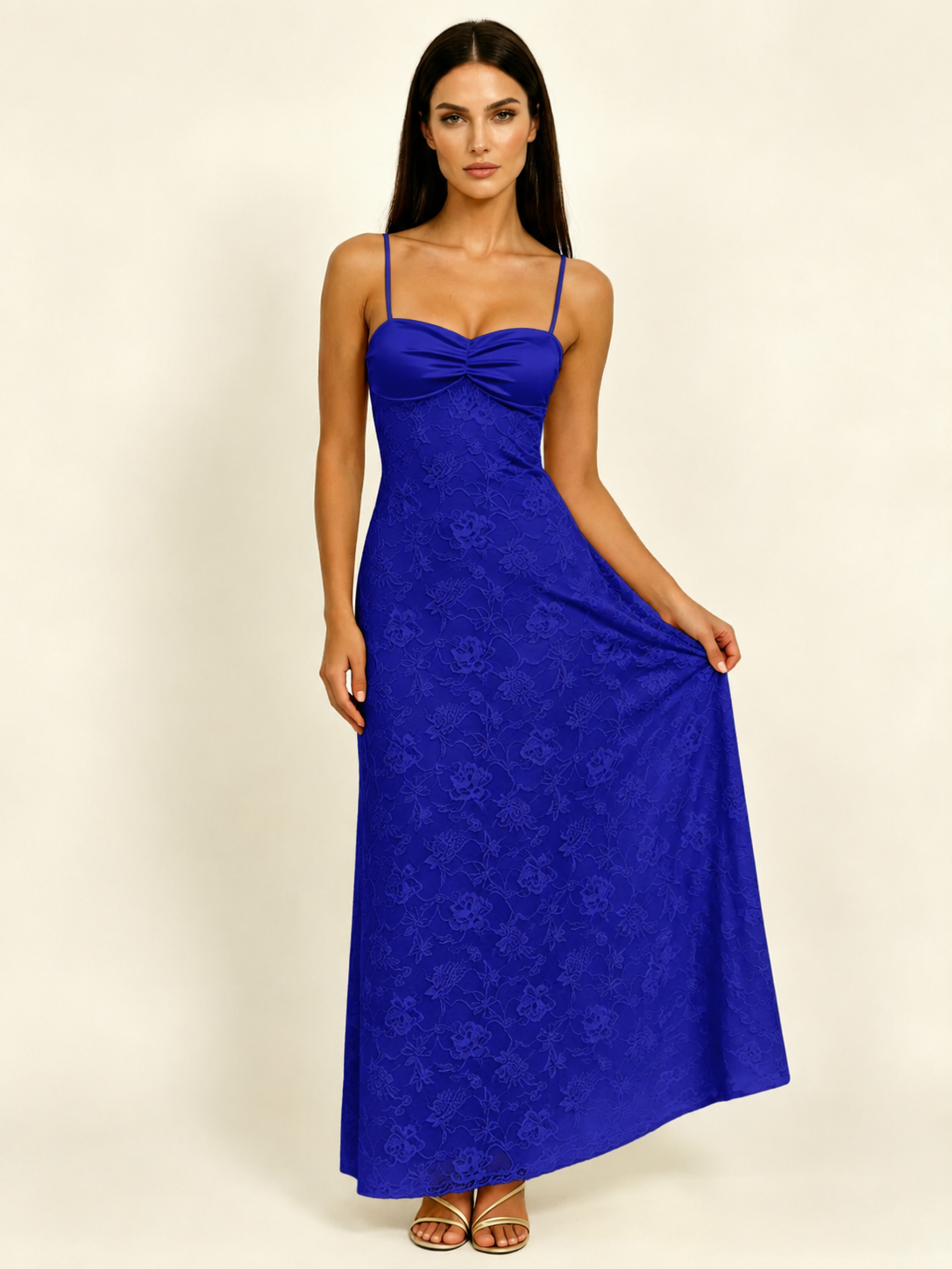 Satin Bust Lace Midi Maxi Dress, Spaghetti Strap Cross Lace Up Back Bridesmaid Dress