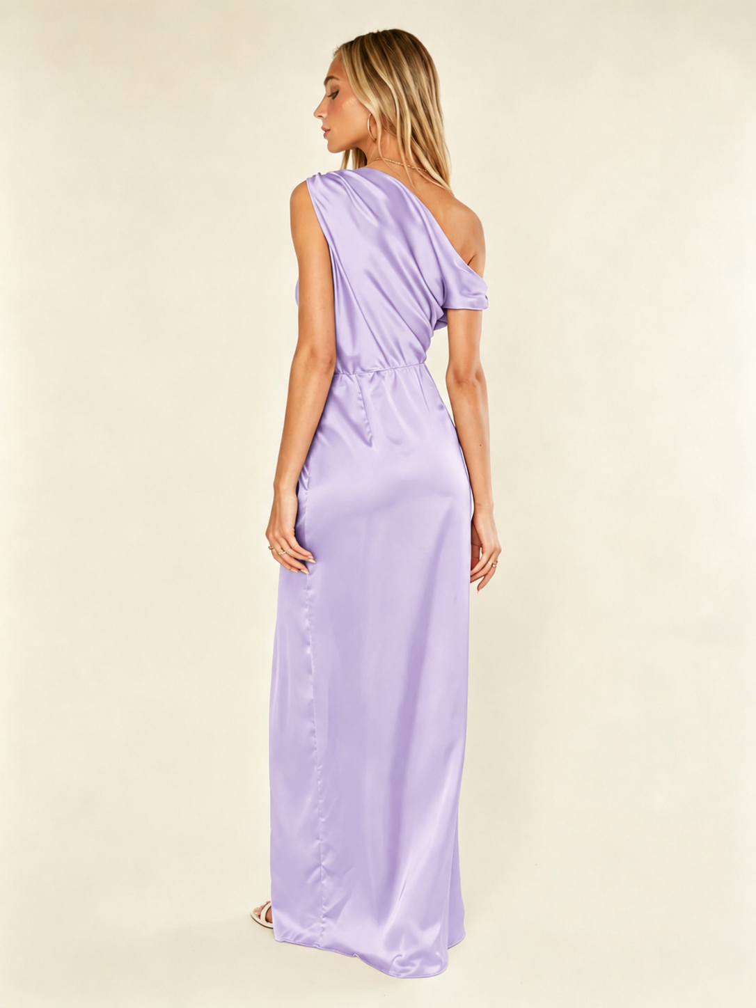 Satin One Shoulder Maxi Dress Asymmetric Draped High Slit Bridesmaid Dress