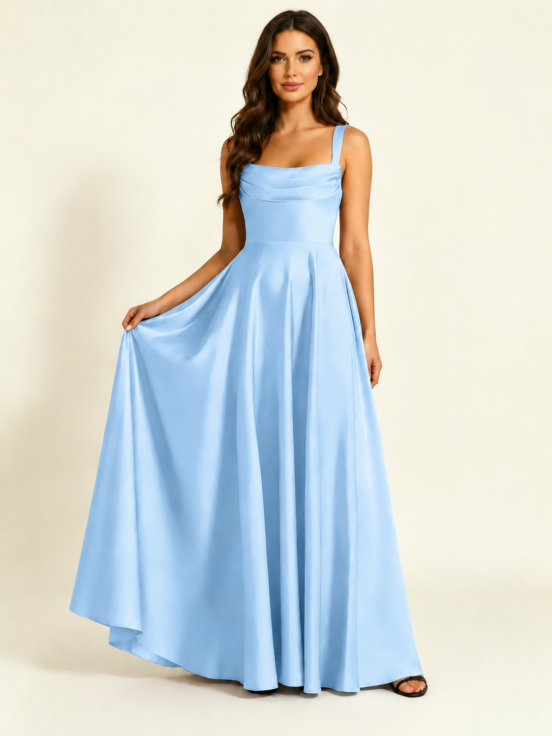 Satin Draped Cowl Square Neck A-Line Maxi Bridesmaid Dress