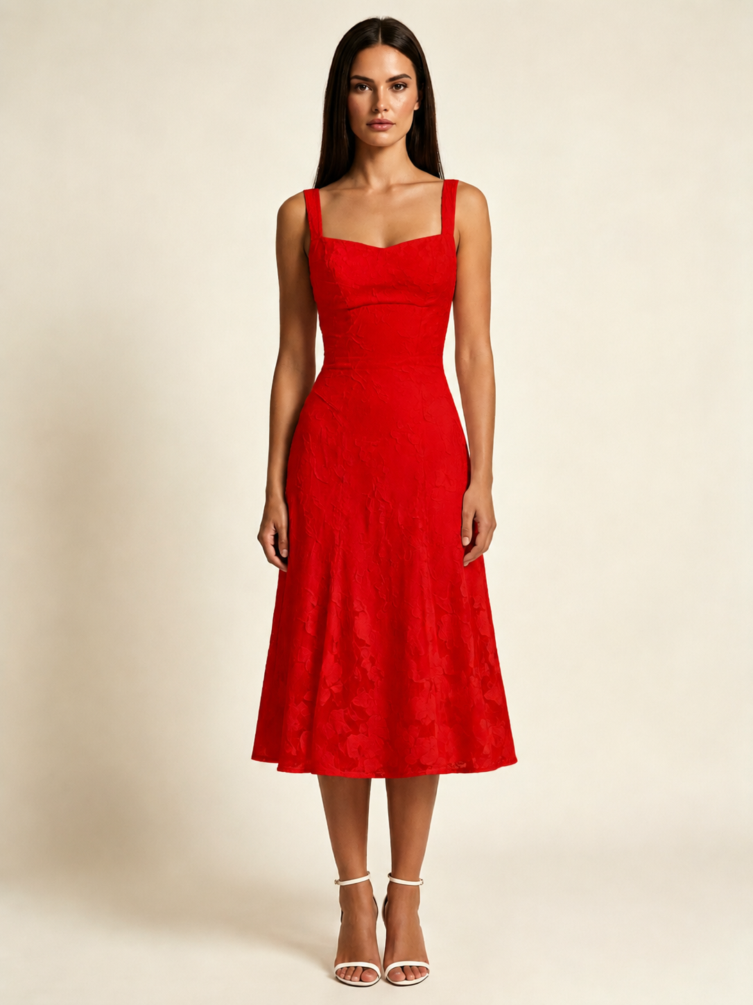3D Floral Jacquard Square Neck Midi Dress