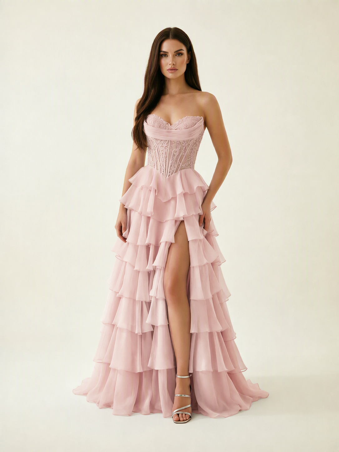 Strapless Lace Corset Tiered High Slit Prom Dress
