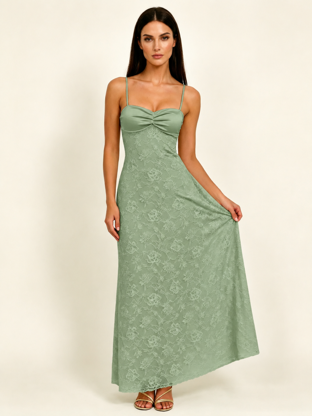 Satin Bust Lace Midi Maxi Dress, Spaghetti Strap Cross Lace Up Back Bridesmaid Dress