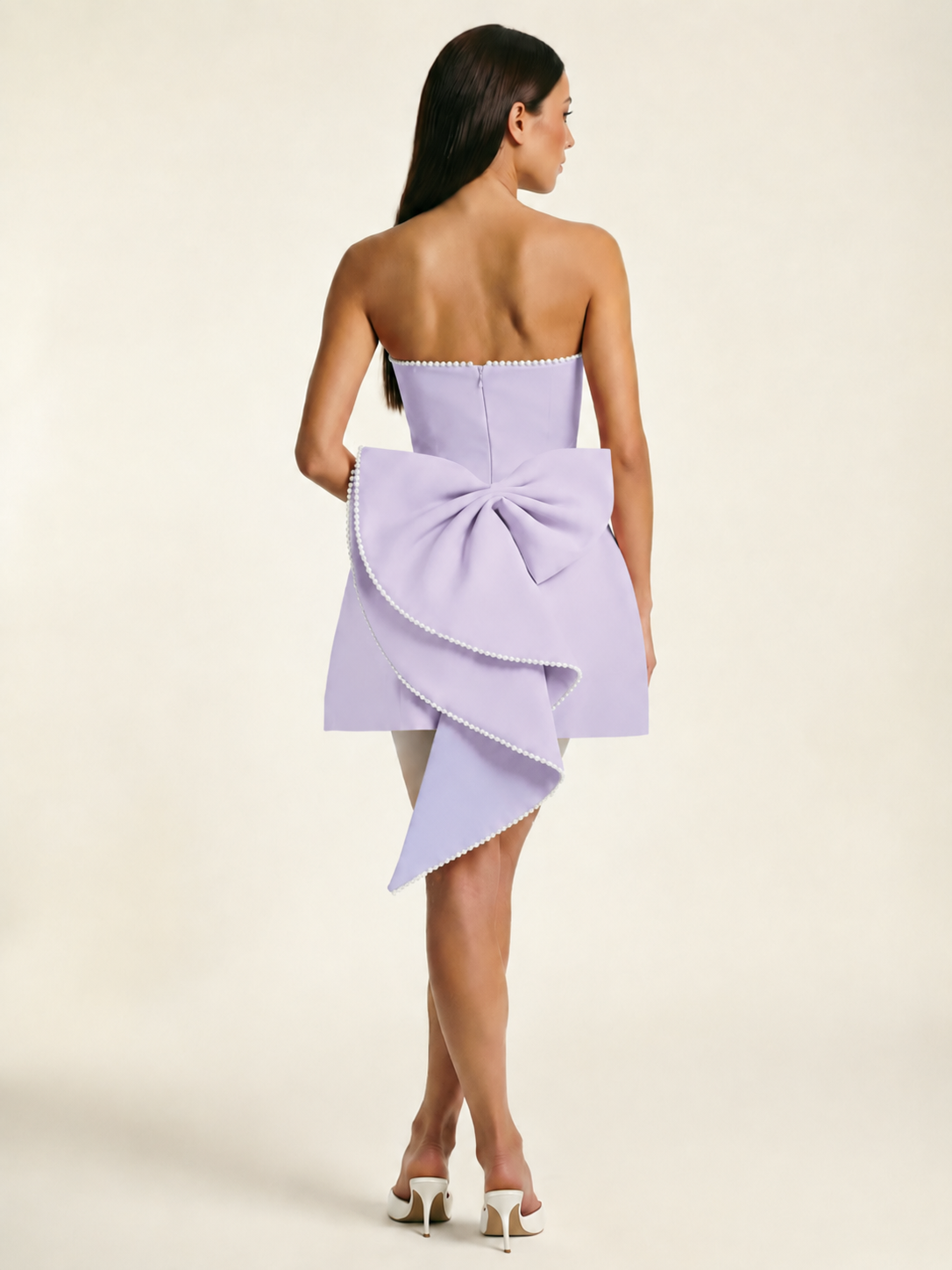 Strapless Pearl Trim Bow Back A-Line Mini Dress