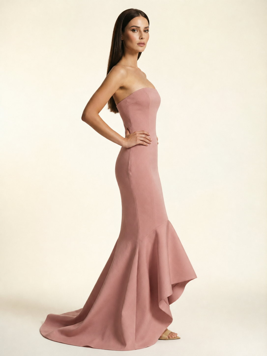 Strapless Satin Mermaid Dress With Ruffled Train & Lace-Up Back