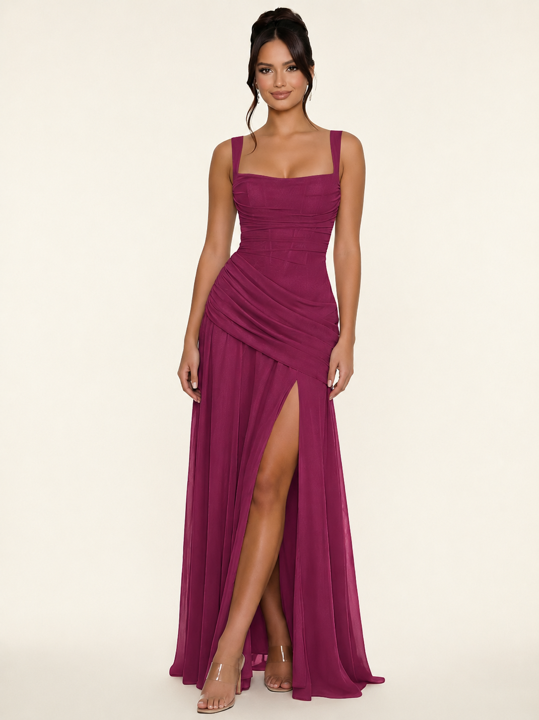 Adjustable Strap Shiny Draped Formal Maxi Dress with Corset Lace Up Back