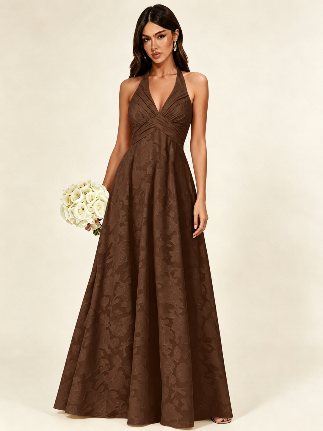 Floral Jacquard Halter Deep V A-Line Maxi Dress Backless Lace-Up Corset Bridesmaid Dress