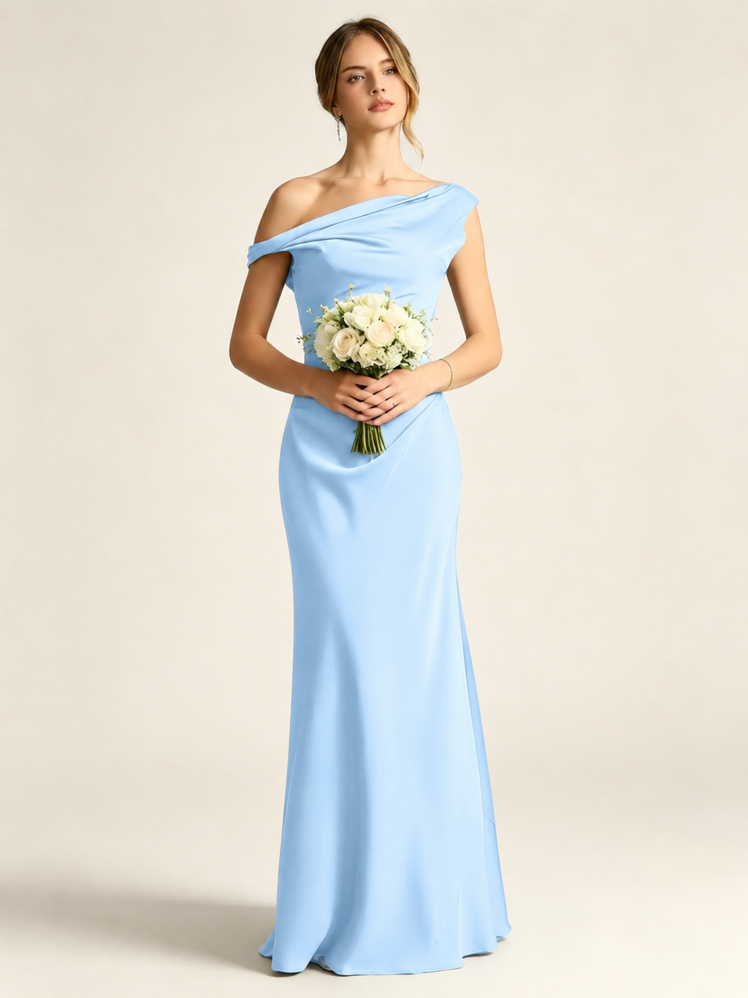 Satin Mermaid Bridesmaid Maxi Dress, Asymmetrical Off Shoulder Ruched Waist Open Back