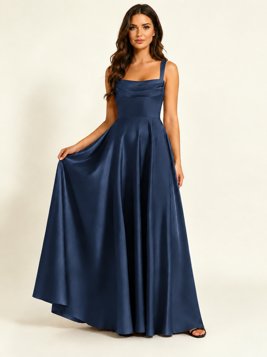 Satin Draped Cowl Square Neck A-Line Maxi Bridesmaid Dress