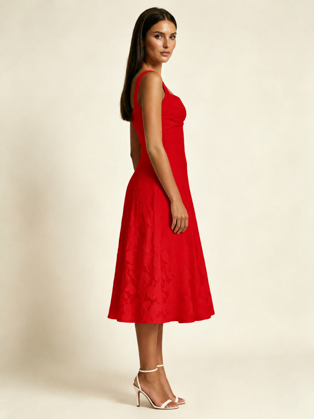 3D Floral Jacquard Square Neck Midi Dress