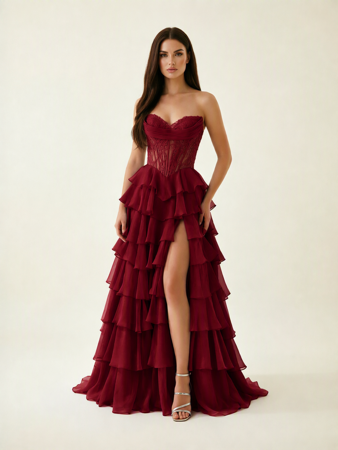 Strapless Lace Corset Tiered High Slit Prom Dress