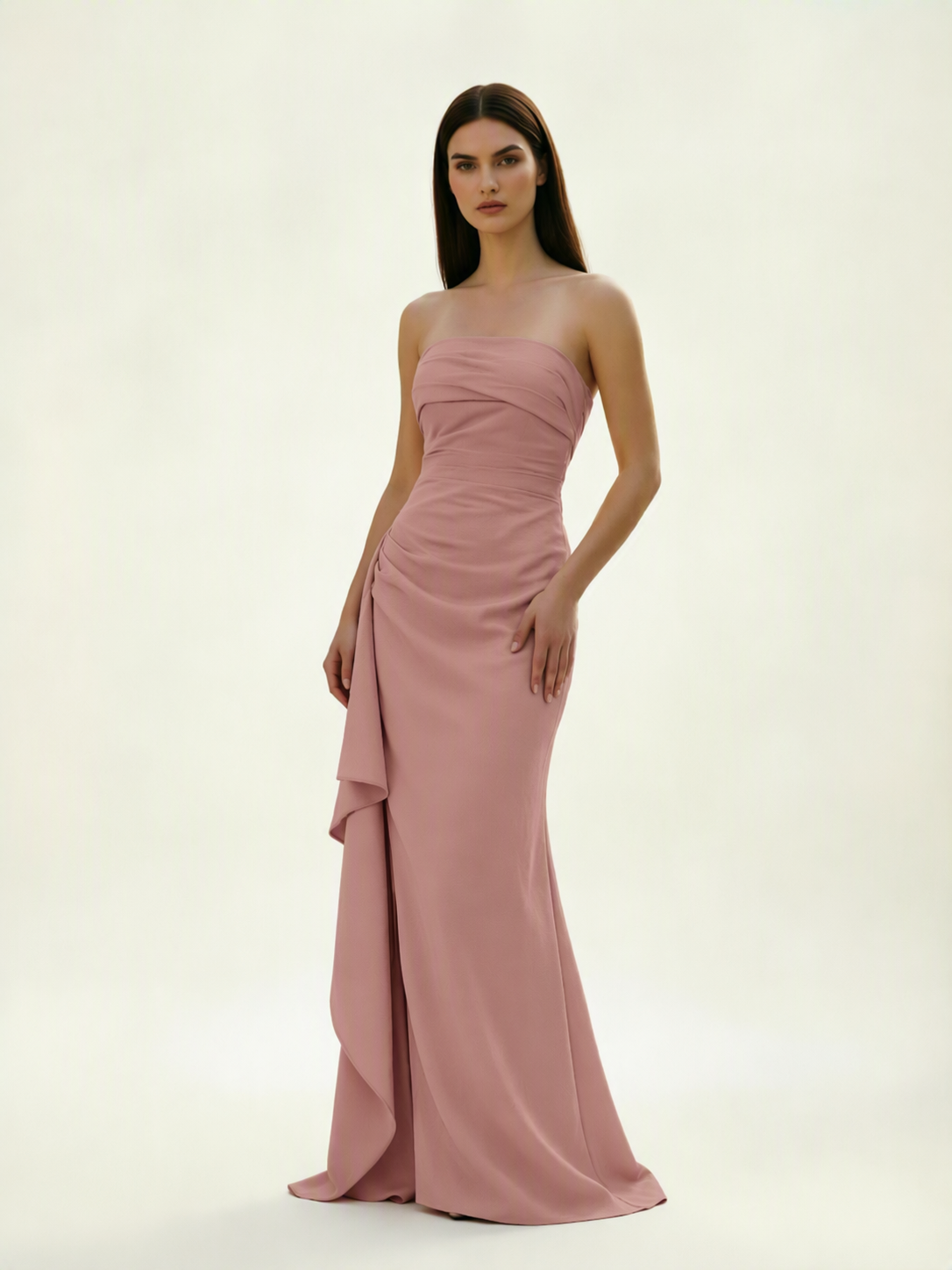 Strapless Mermaid Formal Gown with Side Slit & Draped Detail