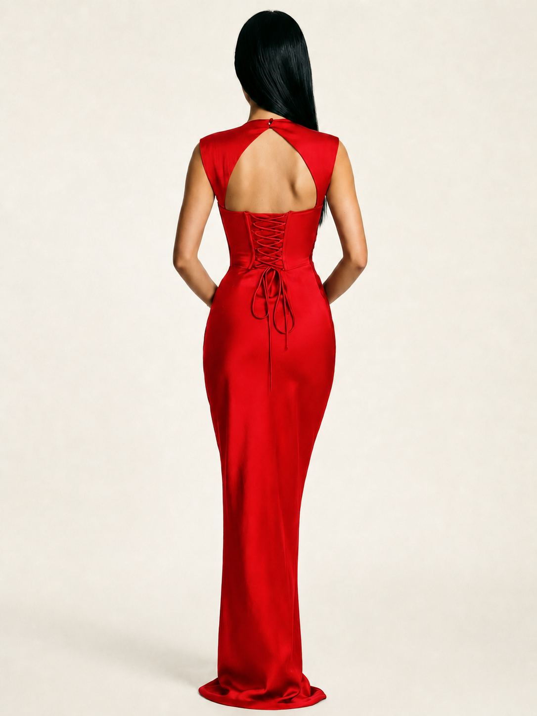 Sleeveless Draped Satin Mermaid Cutout Back Formal Dress