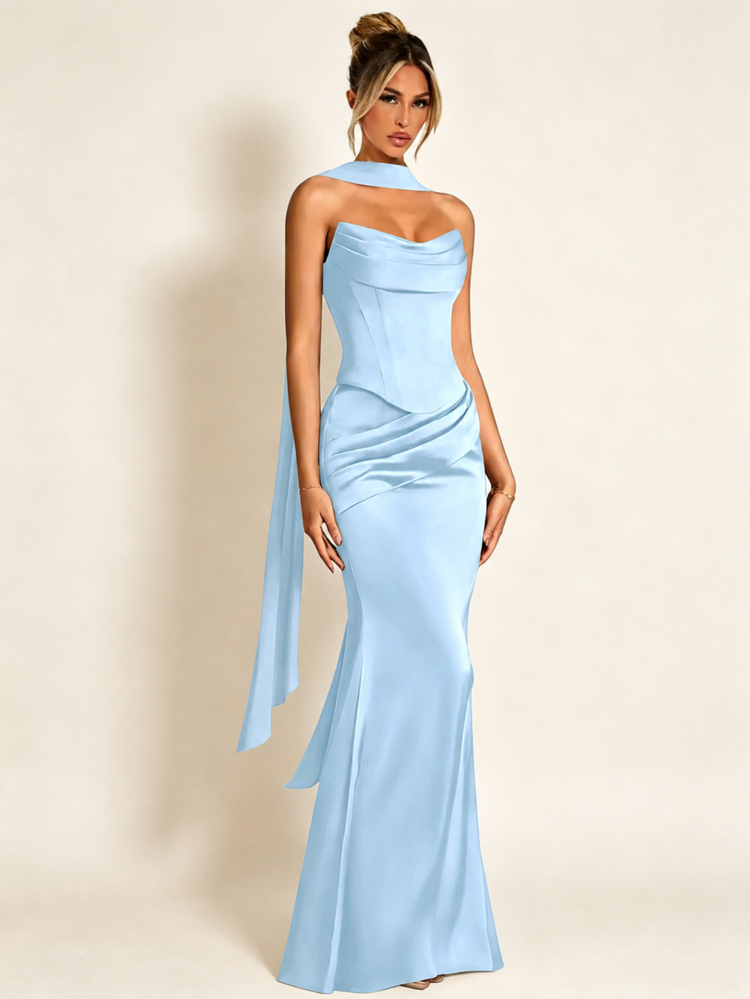Satin Cowl Neck Mermaid Evening Dress with Corset Bodice and Draped Straps
