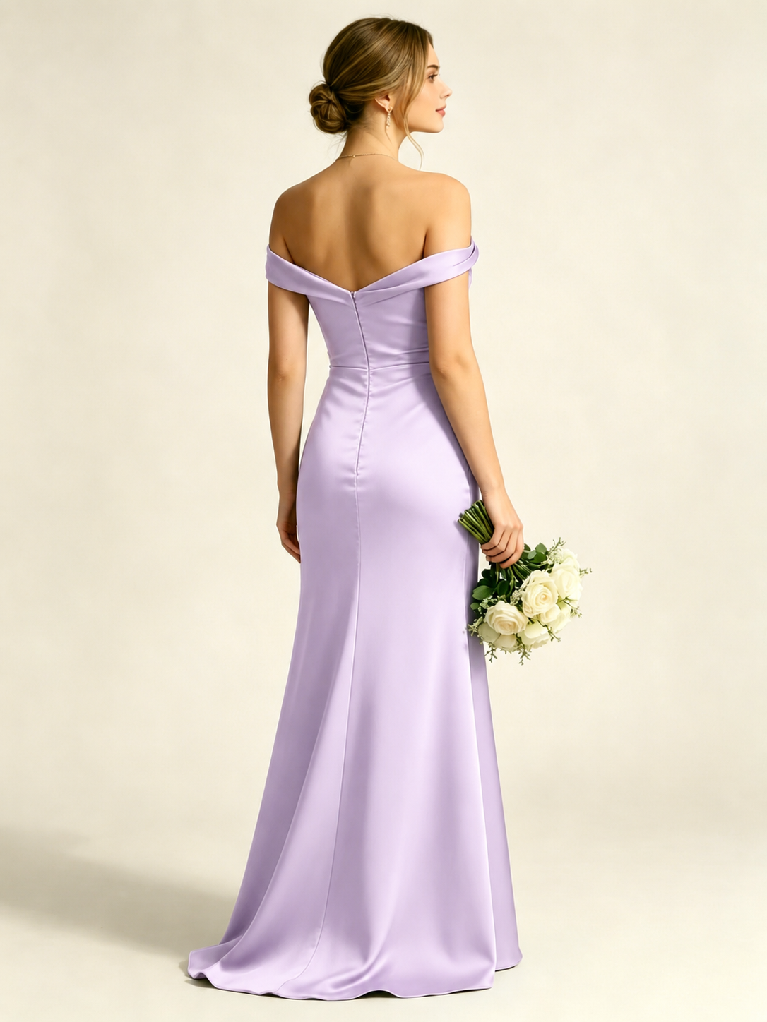 Satin Mermaid Bridesmaid Maxi Dress, Asymmetrical Off Shoulder Ruched Waist Open Back