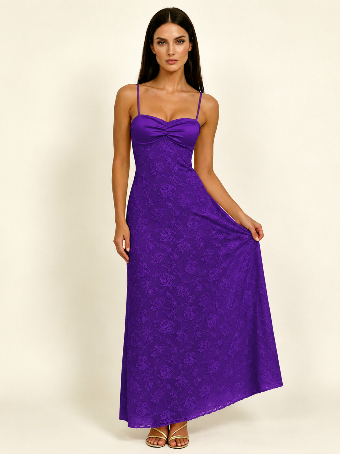 Satin Bust Lace Midi Maxi Dress, Spaghetti Strap Cross Lace Up Back Bridesmaid Dress
