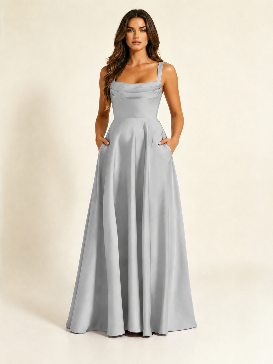 Satin Draped Cowl Square Neck A-Line Maxi Bridesmaid Dress