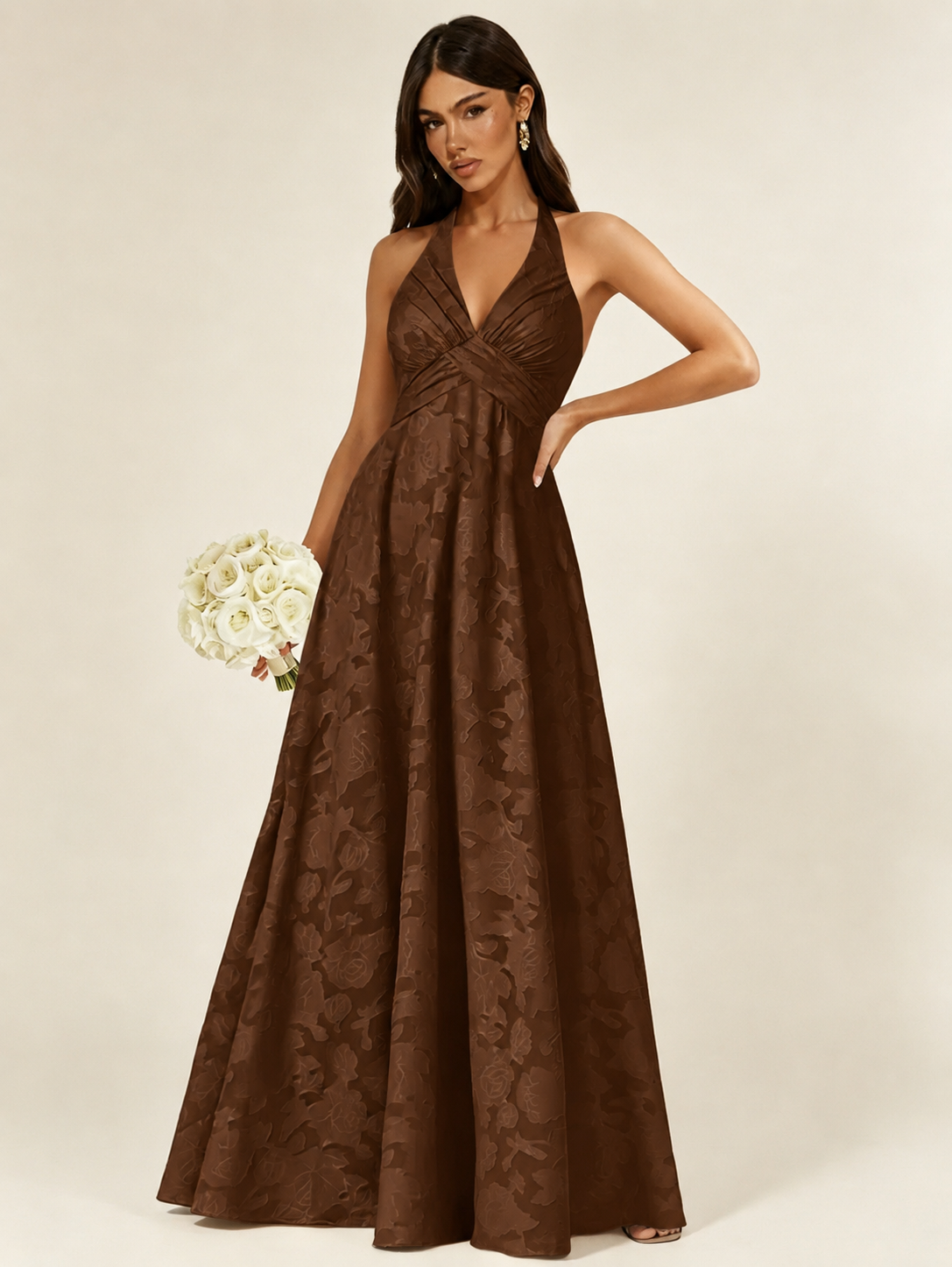 Floral Jacquard Halter Deep V A-Line Maxi Dress Backless Lace-Up Corset Bridesmaid Dress