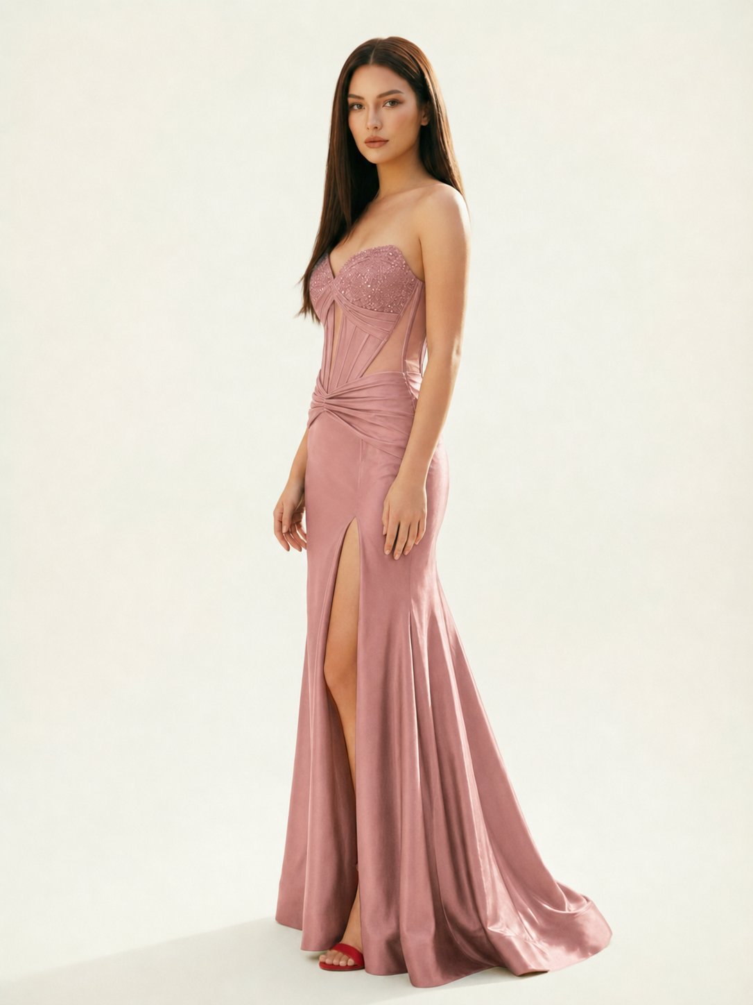 Strapless Corset Satin High Slit Mermaid Gown