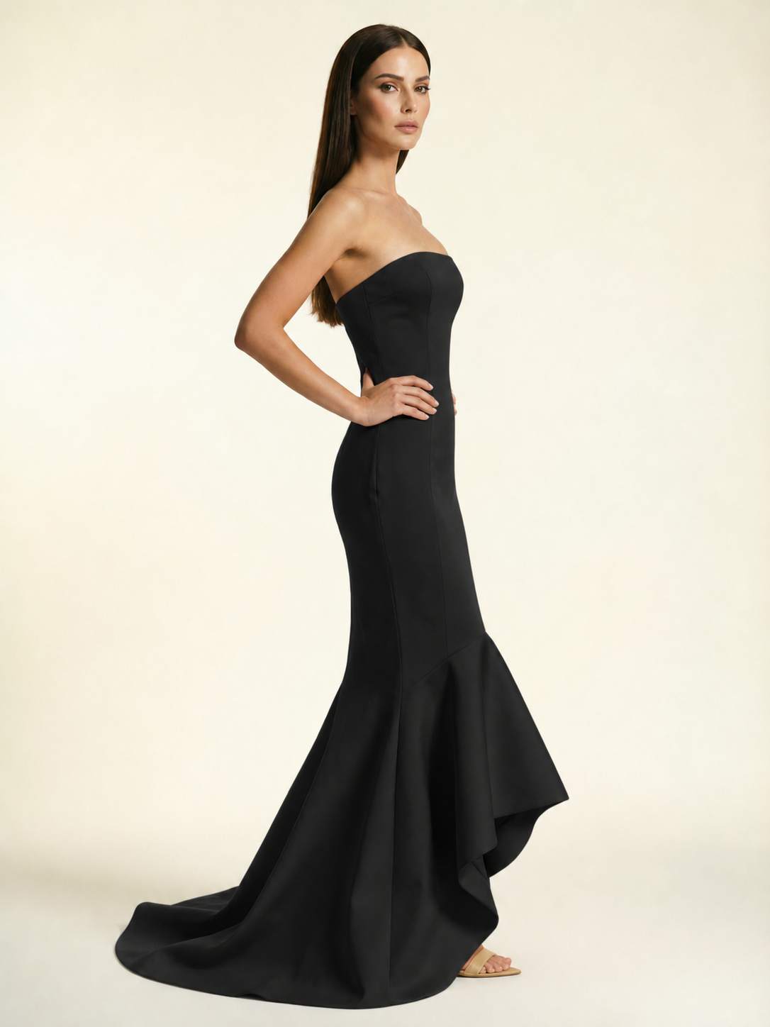 Strapless Satin Mermaid Dress With Ruffled Train & Lace-Up Back