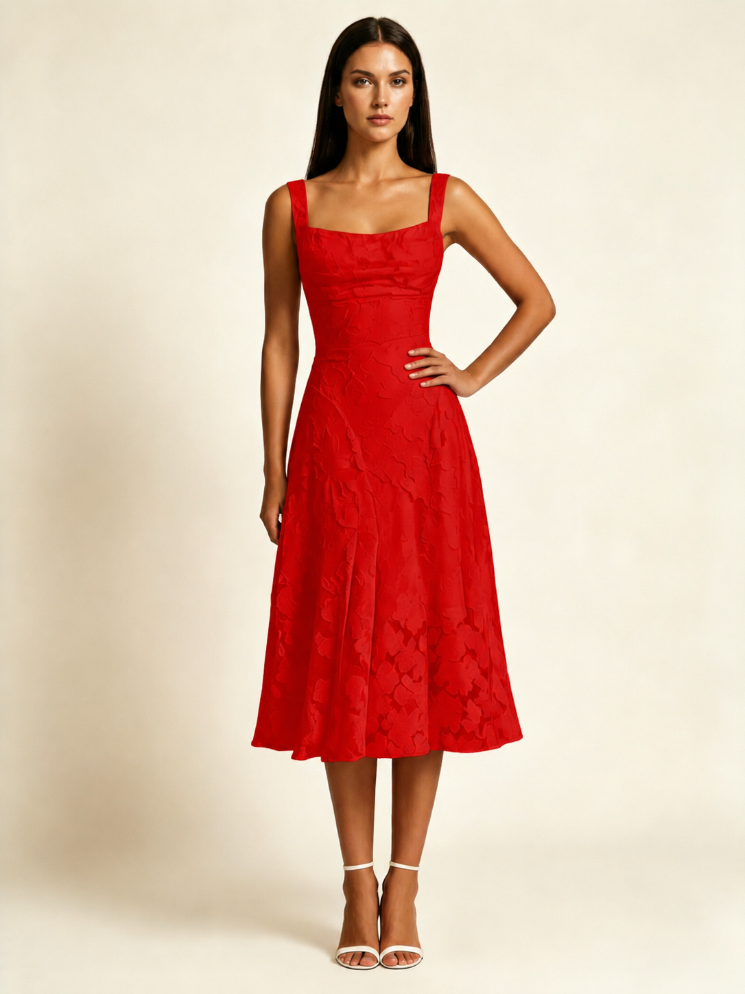 3D Floral Jacquard Square Neck Midi Dress