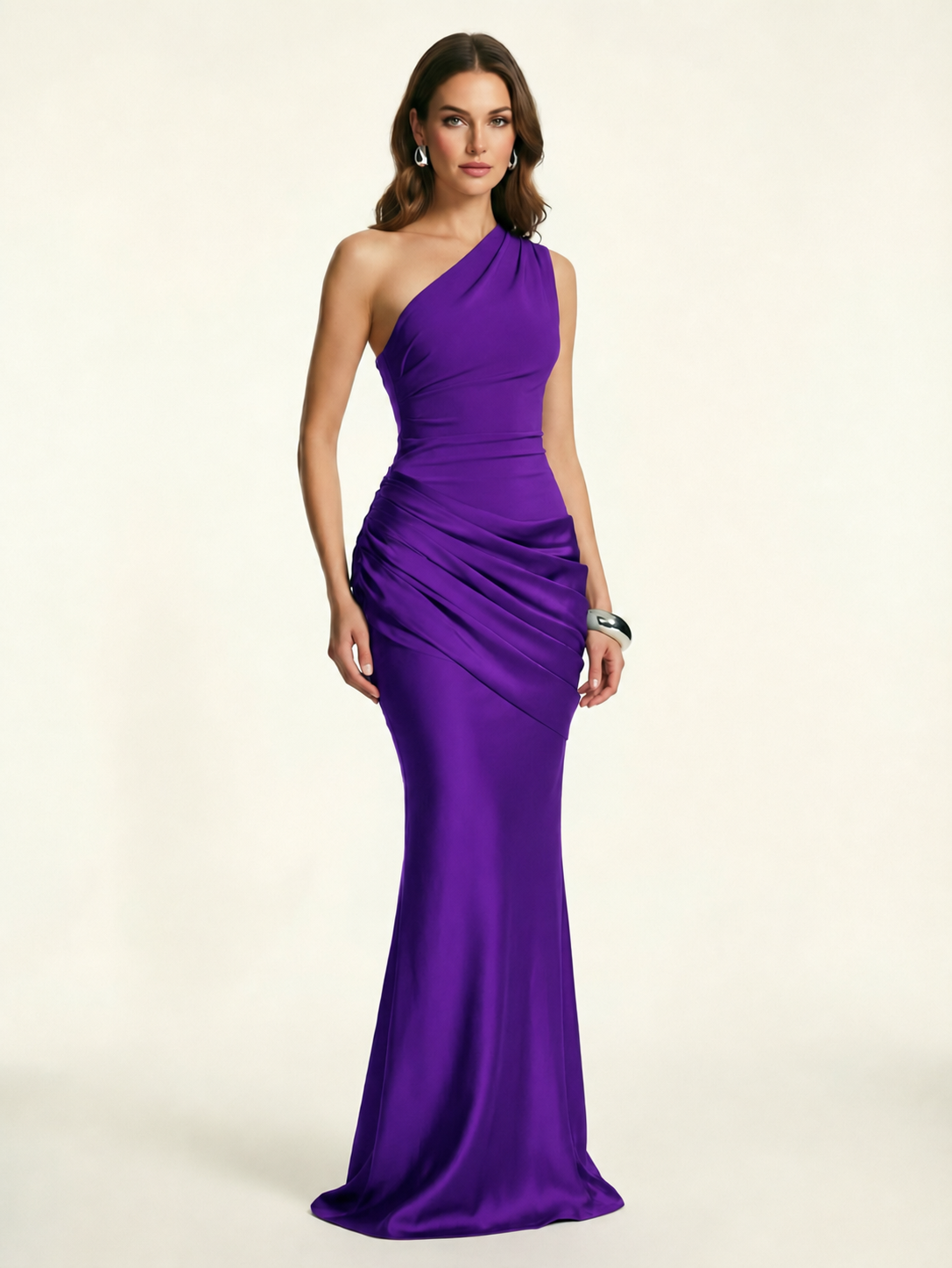 Single-shoulder satin floor-length evening dress