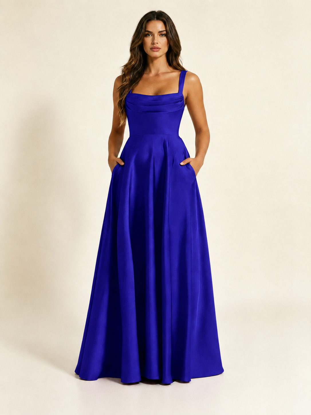 Satin Draped Cowl Square Neck A-Line Maxi Bridesmaid Dress