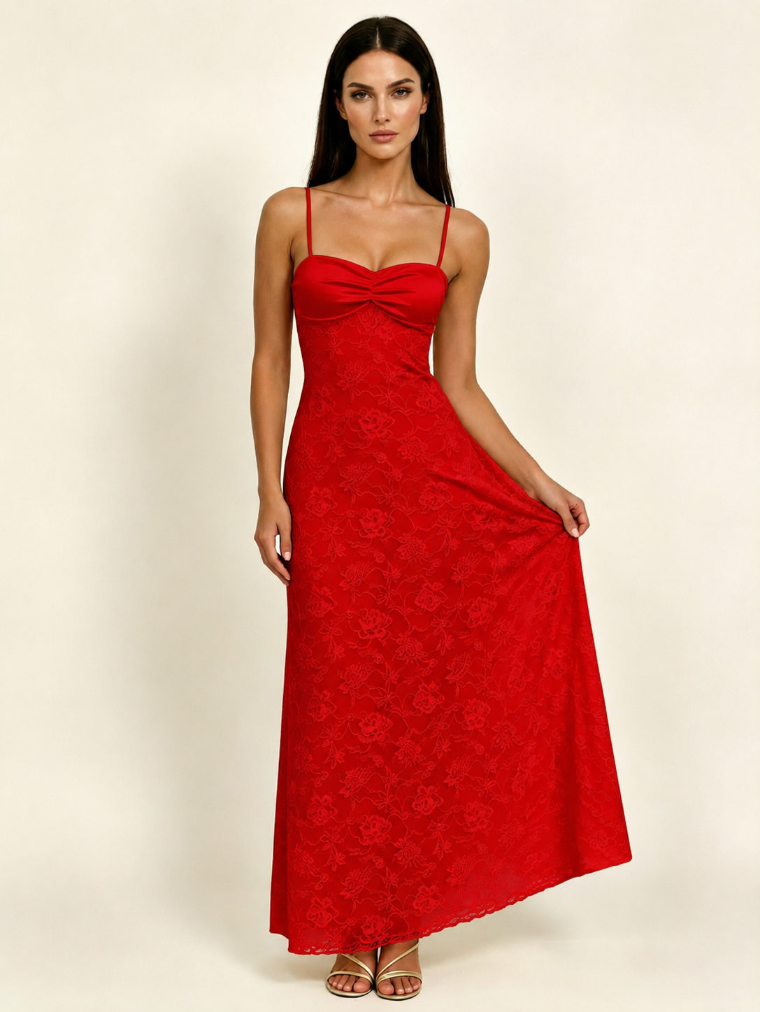 Satin Bust Lace Midi Maxi Dress, Spaghetti Strap Cross Lace Up Back Bridesmaid Dress