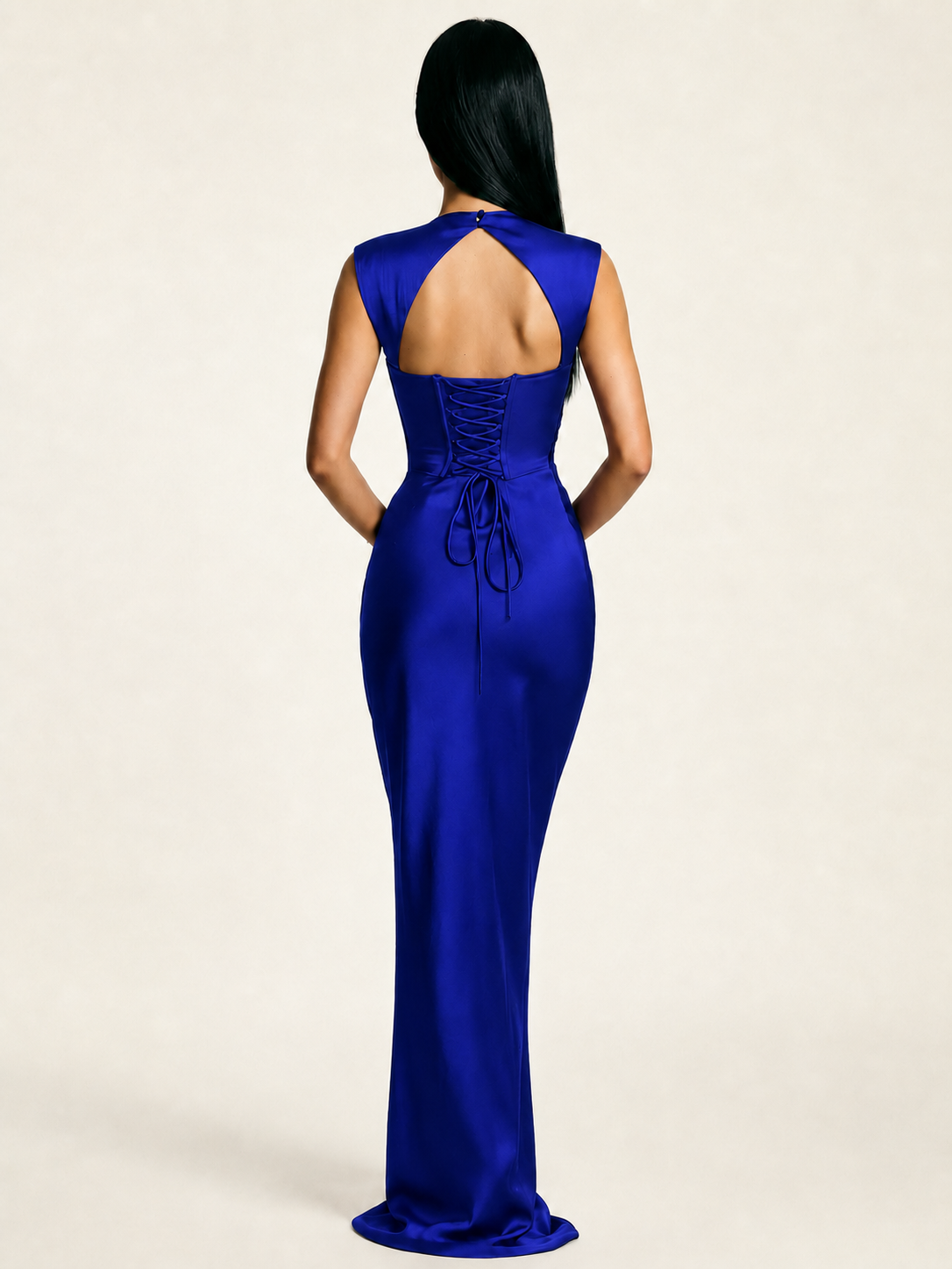 Sleeveless Draped Satin Mermaid Cutout Back Formal Dress