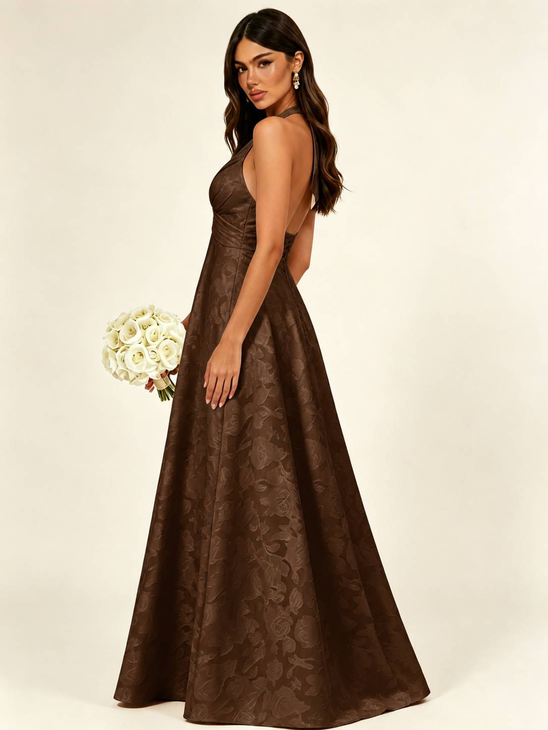 Floral Jacquard Halter Deep V A-Line Maxi Dress Backless Lace-Up Corset Bridesmaid Dress