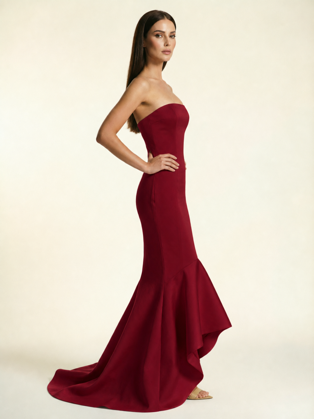 Strapless Satin Mermaid Dress With Ruffled Train & Lace-Up Back